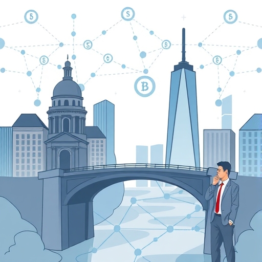 傳統金融建築與區塊鏈網路連接的橋樑插圖,象徵整合與轉型