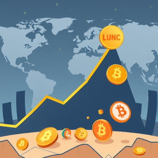 動態加密貨幣市場插圖,顯示 LUNC 上漲趨勢、比特幣穩定圖示,以及其他替代幣在全球經濟背景下小幅下滑