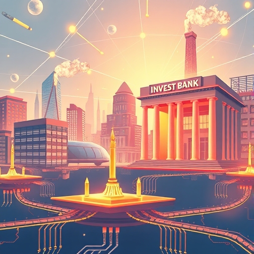 科技與金融產業蓬勃場景插圖，發光微晶片與忙碌投資銀行建築，代表高潛力領域