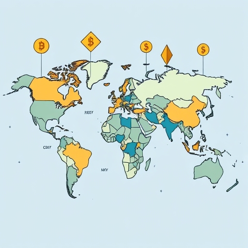 全球地圖插圖，描繪各國對加密貨幣的態度差異，有些擁抱創新，有些保持距離