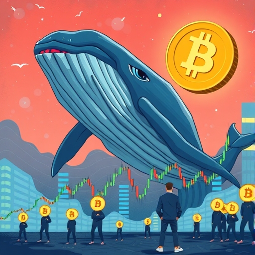大型數位鯨魚操控比特幣價格的插圖，顯示波動市場圖表，周圍小投資者緊張觀望，象徵重大價格變動
