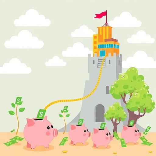 現金從公司建築流向存錢罐和成長樹木,象徵被動收入與複利成長,穩固財務堡壘守護多元化投資組合