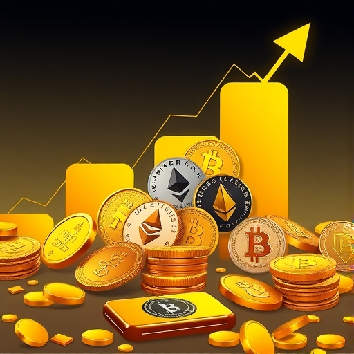 黃金與比特幣、以太幣、Solana 等加密貨幣共同上漲的市場趨勢圖示，象徵市場韌性