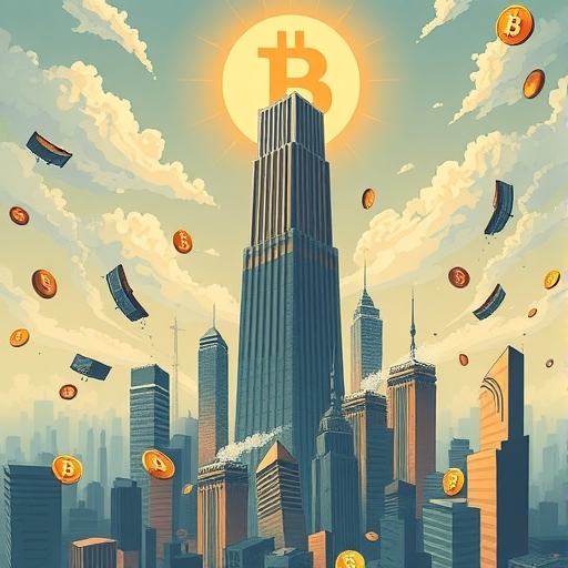 比特幣高聳塔樓屹立不搖，周圍山寨幣建築崩塌，象徵市場波動與資金流入比特幣