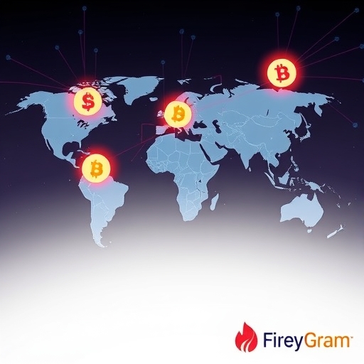 穩定幣促進全球支付的插圖,世界地圖上互聯數位線條,企業財務部門高效管理,融入MoneyGram與Fireblocks標誌,象徵創新與速度