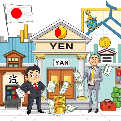 卡通風格投資者從日本銀行借入日圓，投資全球資產如股票與加密貨幣，描繪資金外流插圖