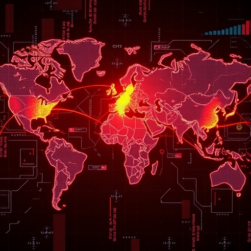 未來全球地圖顯示AI電路發光擴散，台灣作為中央樞紐，周圍環繞數據流與挑戰象徵AI浪潮對半導體供應鏈的影響
