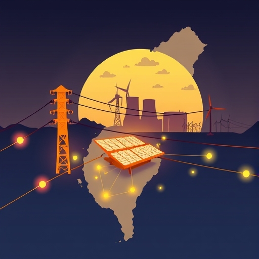 台灣風格化地圖顯示電力線掙扎連接發光AI數據中心，背景有發電廠輪廓與太陽能板及風力渦輪，象徵能源挑戰與轉型努力