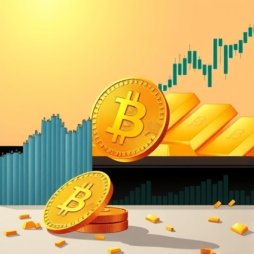 Illustration depicting a falling Bitcoin coin alongside a weakening stock market graph representing Nasdaq with gold bars shining brightly in the background symbolizing safe haven assets global economic uncertainty
