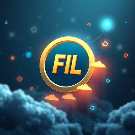 Filecoin FIL 代幣在數字雲端網絡中上漲2%，象徵去中心化存儲與 Web3 成長，周圍浮動數據塊