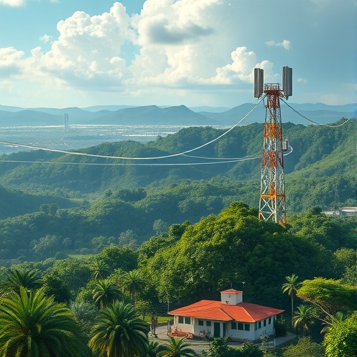 Illustration of Helium wireless network towers expanding across a lush Brazilian landscape with people connecting to internet earning crypto rewards