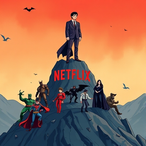 Netflix 執行長站立於內容山峰之巔，俯瞰 DC 英雄、哈利波特與 HBO 節目，遠眺迪士尼+與 Amazon Prime Video 競爭對手