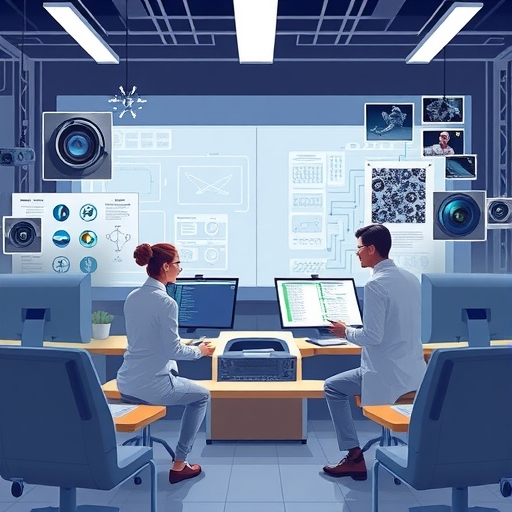 Rivian工程師在高科技實驗室中開發Rivian Autonomy Processor，周圍環繞圖表與先進感測器如攝影機、雷達和光達