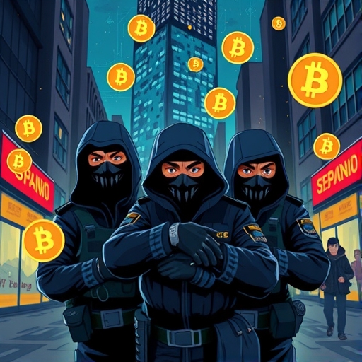 西班牙警方逮捕蒙面罪犯的插圖，現代數位城市中浮動加密貨幣圖示象徵數位資產犯罪與安全挑戰