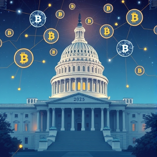 美國國會大廈周圍環繞數位AI符號與加密貨幣的藝術插圖，象徵2026年政治經濟科技轉型的未來願景