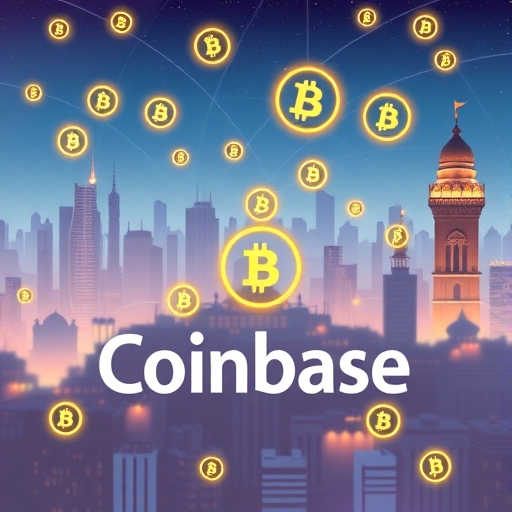 Bustling Indian city skyline with digital connections and cryptocurrency symbols above Coinbase logo representing market expansion