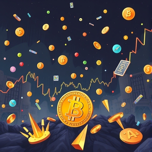 Illustration of a chaotic cryptocurrency market with falling altcoins and a struggling Bitcoin icon near 85000 dollars a digital storm