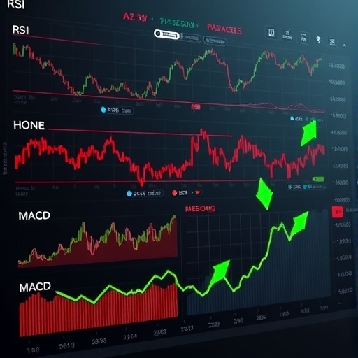 複雜市場儀表板顯示 RSI 和 MACD 紅色警示訊號，綠色箭頭暗示潛在反彈買盤進入