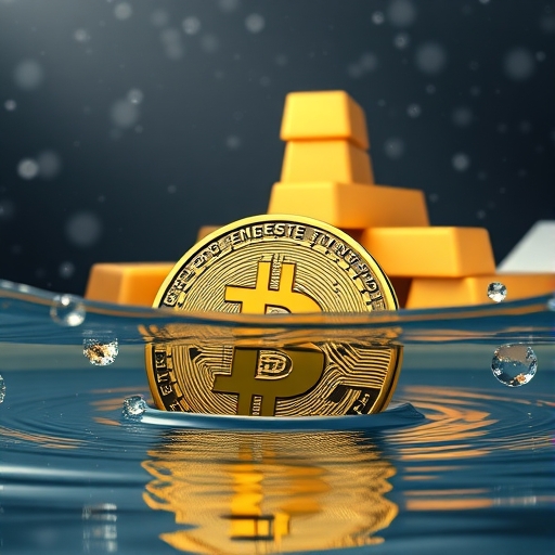 數位加密貨幣下沉圖示，背景黃金白銀上漲反映全球市場不確定與地緣政治緊張