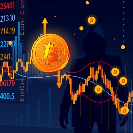 Illustration of a dynamic cryptocurrency market with a digital graph showing ups and downs Bitcoin logo altcoin symbols and a subtle mysterious shadow figure representing Satoshi Nakamoto