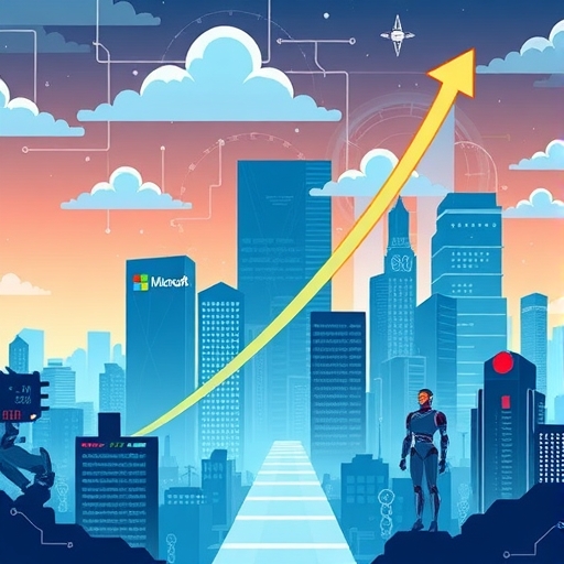 Futuristic cityscape with cloud servers and AI robots representing tech giants like Microsoft and Oracle, showing upward trends