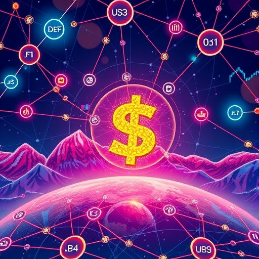 未來金融景觀插圖,展示預測市場、DeFi與Web3符號,中央閃耀美元標誌象徵Kalshi十億美元估值,生動色彩與動感線條