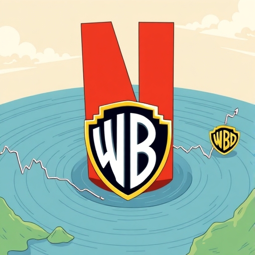 Netflix 巨型標誌吞噬華納兄弟探索標誌，引發全球娛樂產業波瀾與股市圖表變化