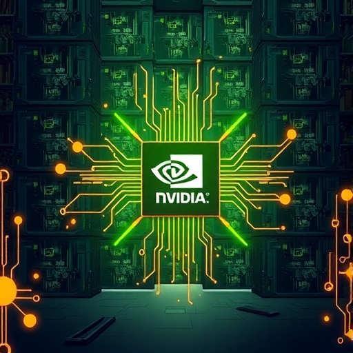 輝達GPU晶片在資料中心中閃耀，象徵AI領導地位與技術護城河