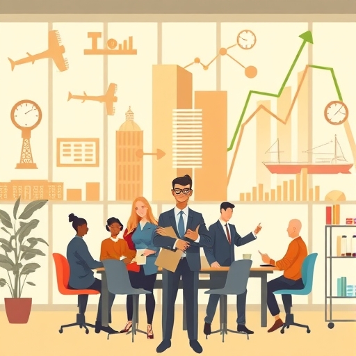 Diverse analysts in modern office surrounded by industry icons like computer chips, ships, and restaurants with growth charts