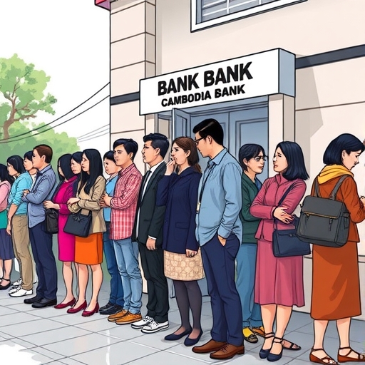 焦慮人群在柬埔寨銀行外排長隊，主要為中國客戶，象徵擠兌與資產凍結