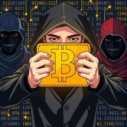 人士保護加密貨幣錢包免受蒙面威脅與資料鏈攻擊的插圖，區塊鏈交易與匿名背景強調安全防護