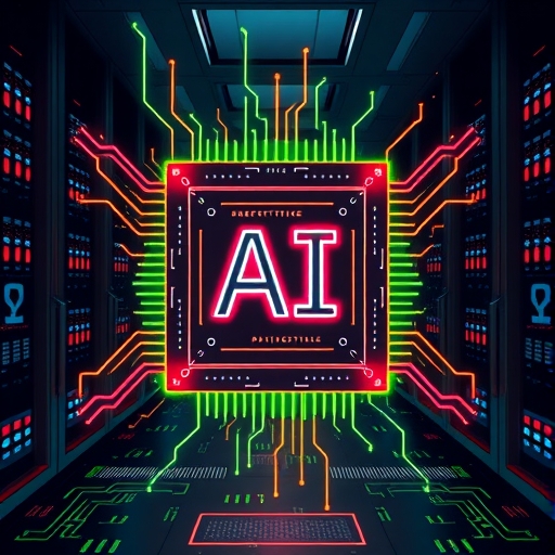 強大電腦晶片散發AI符號與資料流，象徵NVIDIA在人工智慧技術的主導