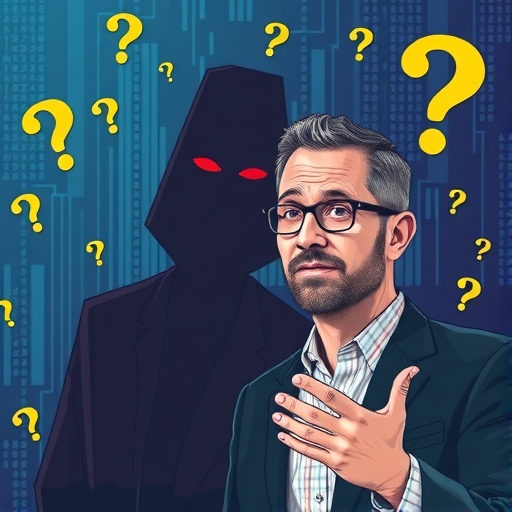 Illustration of a shadowy figure representing Satoshi Nakamoto surrounded by question marks and a distinct portrait of David Schwartz Ripple CTO gesturing no denying the identity rumors in a digital blockchain setting