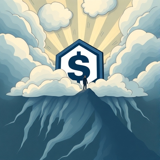 強健科技公司標誌插圖，被風暴雲遮蔽但基礎穩固，高盛交易員指向它表示未來反彈潛力