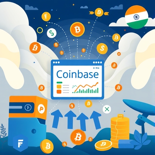 Vibrant Indian crypto exchange market with competing platforms and Coinbase entry alongside UPI and digital payment symbols