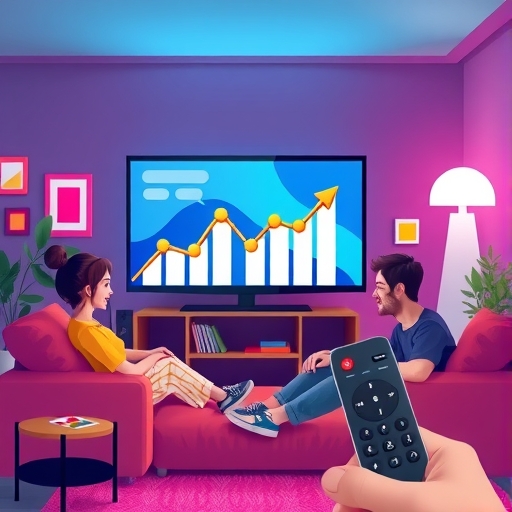 Vibrant living room with family streaming content on large screen, surrounded by growth charts and upward arrows