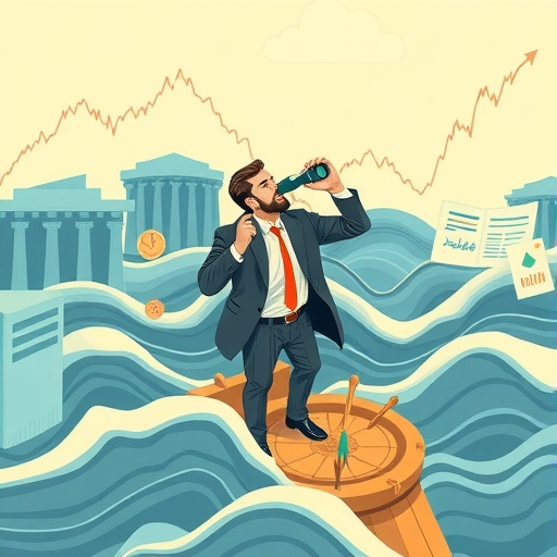 投資者導航波動金融市場插圖，使用羅盤和望遠鏡分析數據圖表和新新聞來源如播客，象徵市場時機和多元化資訊