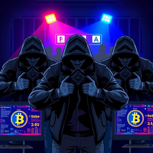 有組織犯罪集團在數位螢幕上威脅人士索取加密資產的插圖，背景閃爍警燈描繪執法突擊行動