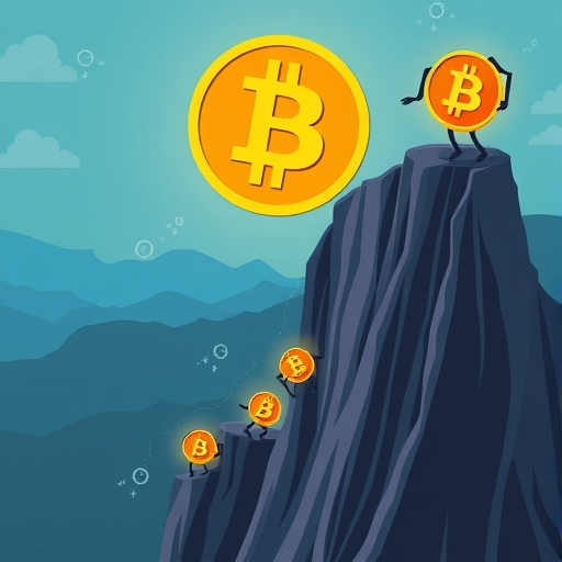 Illustration of smaller altcoin figures tumbling down a cliff as a giant Bitcoin symbol falters above them representing market shock and liquidity reset
