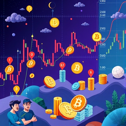 各種加密貨幣如比特幣和山寨幣在動態金融圖表上漲跌，全球投資者興趣盎然