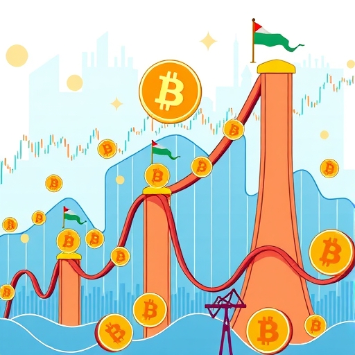 比特幣領導雲霄飛車般的金融圖表，山寨幣跟隨起伏，象徵市場波動與復甦，周圍環繞經濟指標