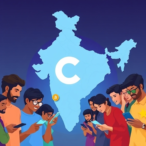 Diverse young Indians engaging with crypto on smartphones with Coinbase logo over India map symbolizing strategic re-entry