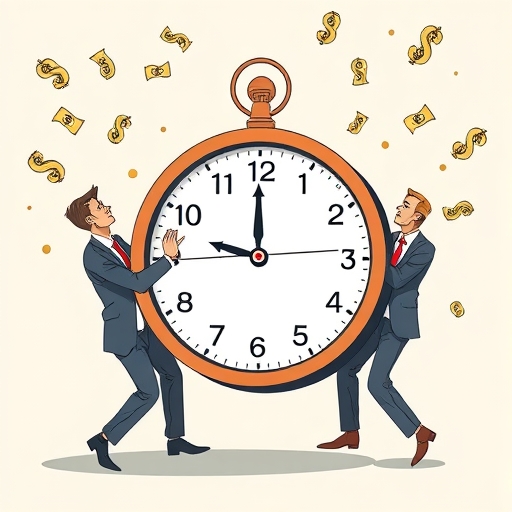 CEO與董事會成員拉扯巨大時鐘，象徵IPO時程分歧，周圍飄浮貨幣符號