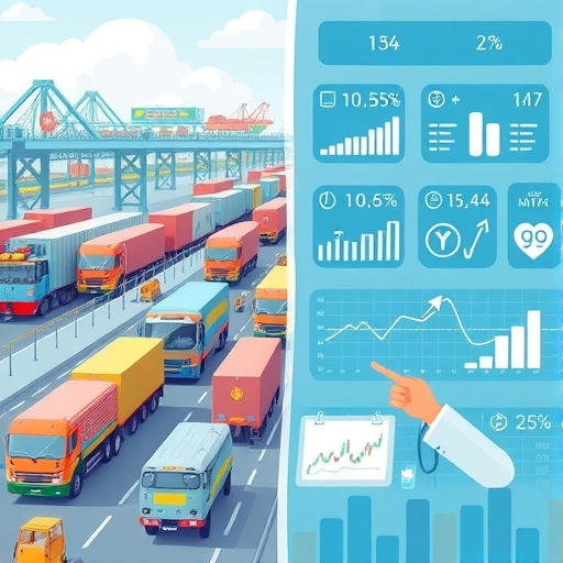 繁忙交通樞紐插圖，包含卡車、火車、船隻，以及數位健康平台顯示數據與醫療圖標，金融專家指向股票圖表的場景