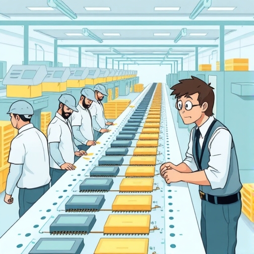 工廠生產線管理記憶體晶片，工人小心操作與CEO監督，象徵供應鏈優化與穩定出貨