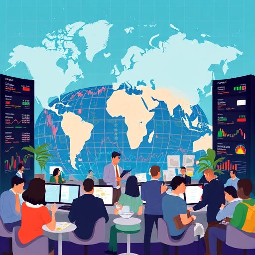 全球金融市場插圖，顯示各種股票符號、圖表，以及多元投資者研究市場趨勢和經濟報告的場景