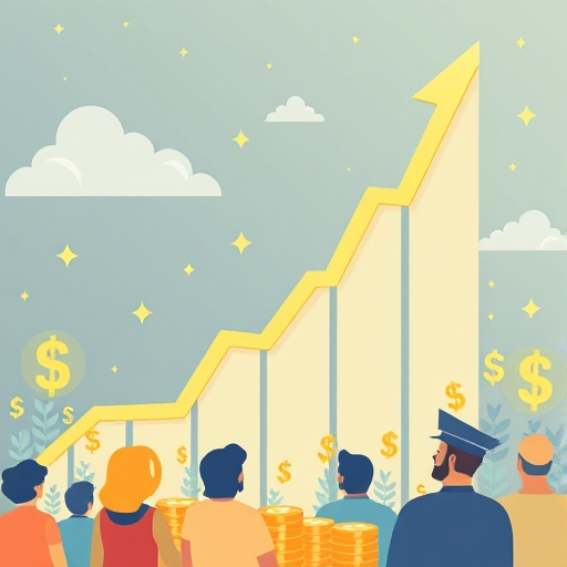 成長圖表急速上升，前景有美元符號與快樂用戶，背景投資者期待觀望，代表成功金融科技新創