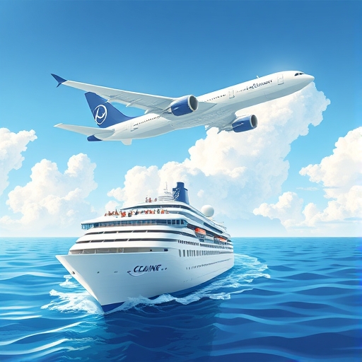 現代波音飛機翱翔藍天與郵輪航行海上的插圖，甲板上遊客歡樂，象徵旅遊業復甦