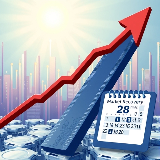 創見營收成長向上箭頭圖示，背景記憶體晶片與28個月新高日曆，象徵市場復甦的明亮場景