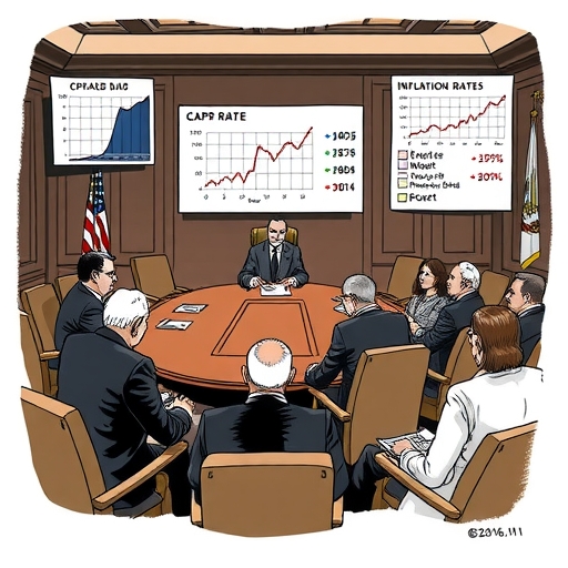 聯準會官員在會議室討論利率決策，圖表顯示CPI與通膨趨勢，分歧面對2026年經濟風險